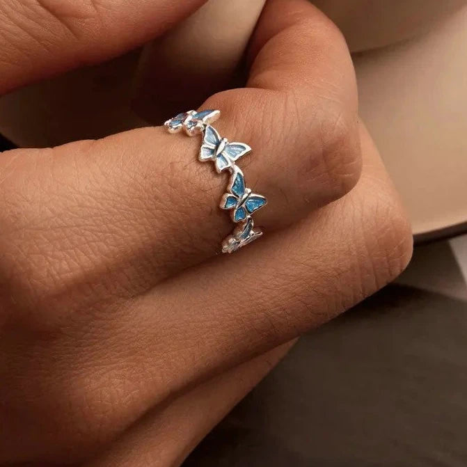 Blue Butterfly Ring Animal Band Plated Platinum