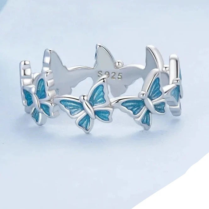 Blue Butterfly Ring Animal Band Plated Platinum
