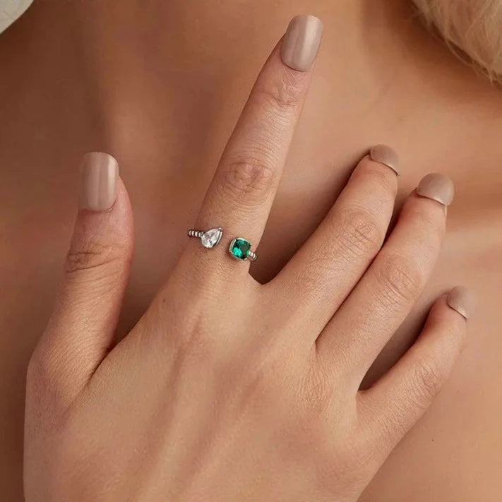 Green Square CZ Open Finger Ring